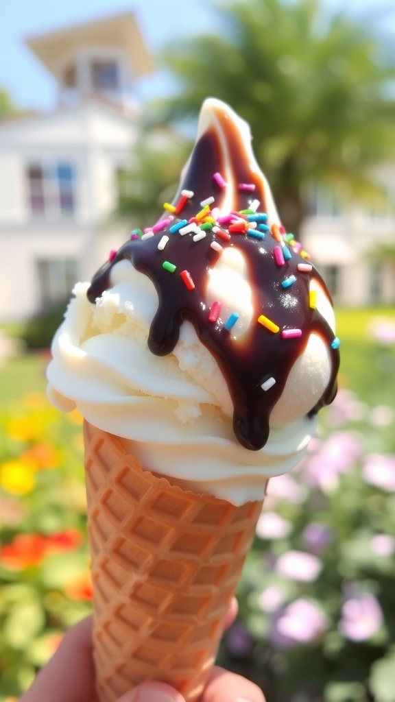 Homemade Vanilla Ice Cream Recipe A delicious scoop of vanilla ice cream in a waffle cone with chocolate sauce and sprinkles.
